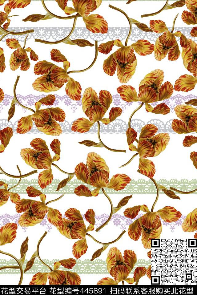 单支复古花卉传统印花华亿平台下载（图片编号: 445891） - 瓦栏（Walan）