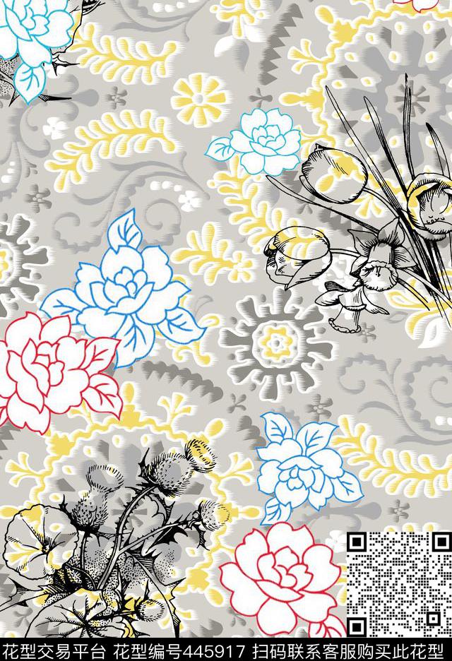 抽象花卉几何传统印花华亿平台下载（图片编号: 445917） - 瓦栏（Walan）