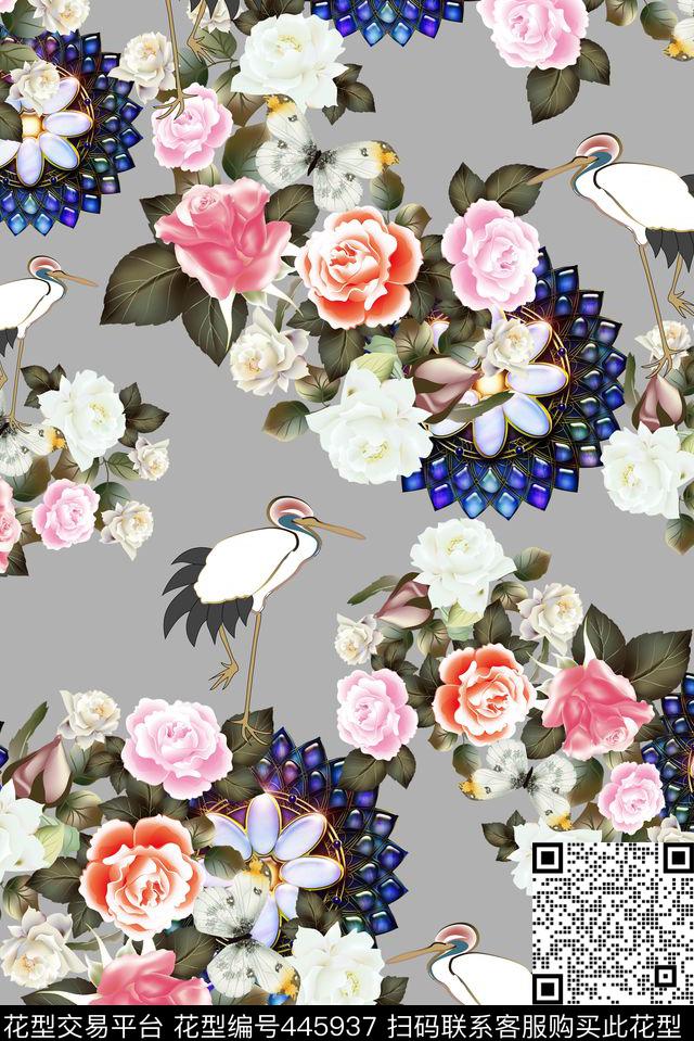 中国风仙鹤天鹅数码印花华亿平台下载（图片编号: 445937） - 瓦栏（Walan）