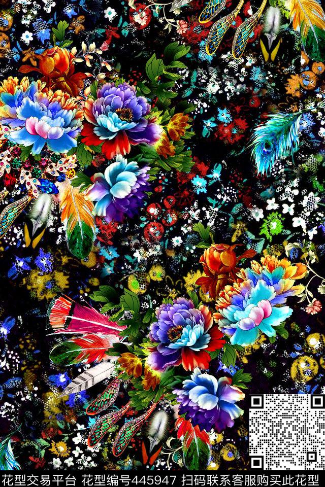 多彩牡丹花蕾丝数码印花华亿平台下载（图片编号: 445947） - 瓦栏（Walan）