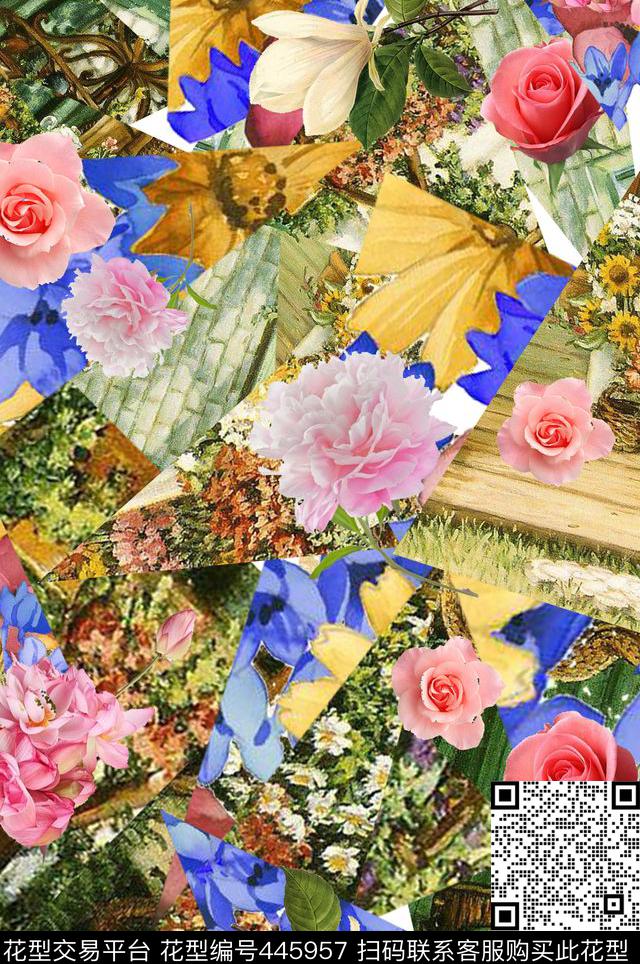 花卉几何时尚元素数码印花华亿平台下载（图片编号: 445957） - 瓦栏（Walan）