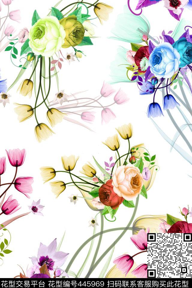 现代花卉炫彩数码印花华亿平台下载（图片编号: 445969） - 瓦栏（Walan）