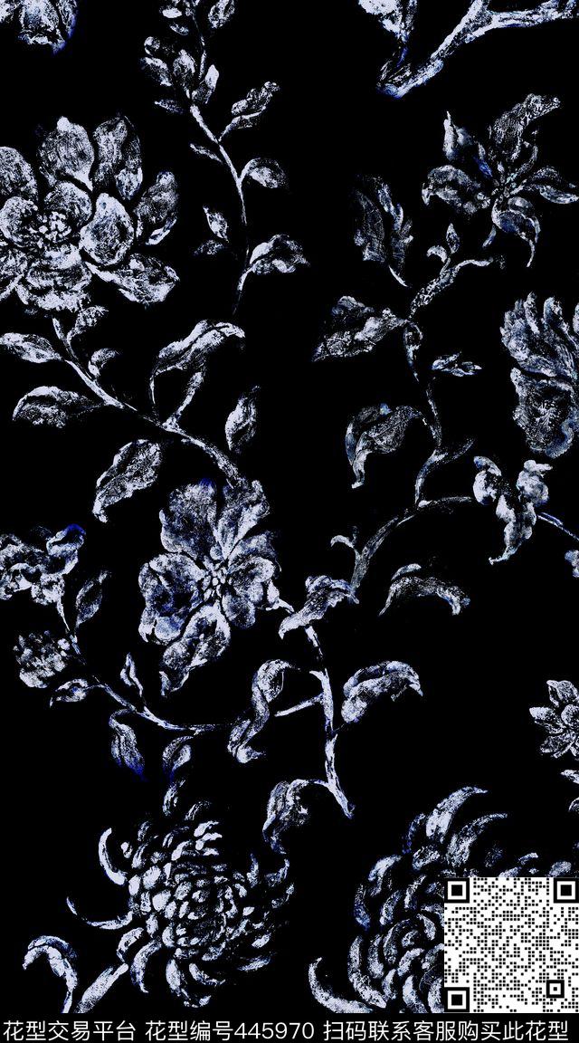 蜡染大花卉民族剪影数码印花华亿平台下载（图片编号: 445970） - 瓦栏（Walan）