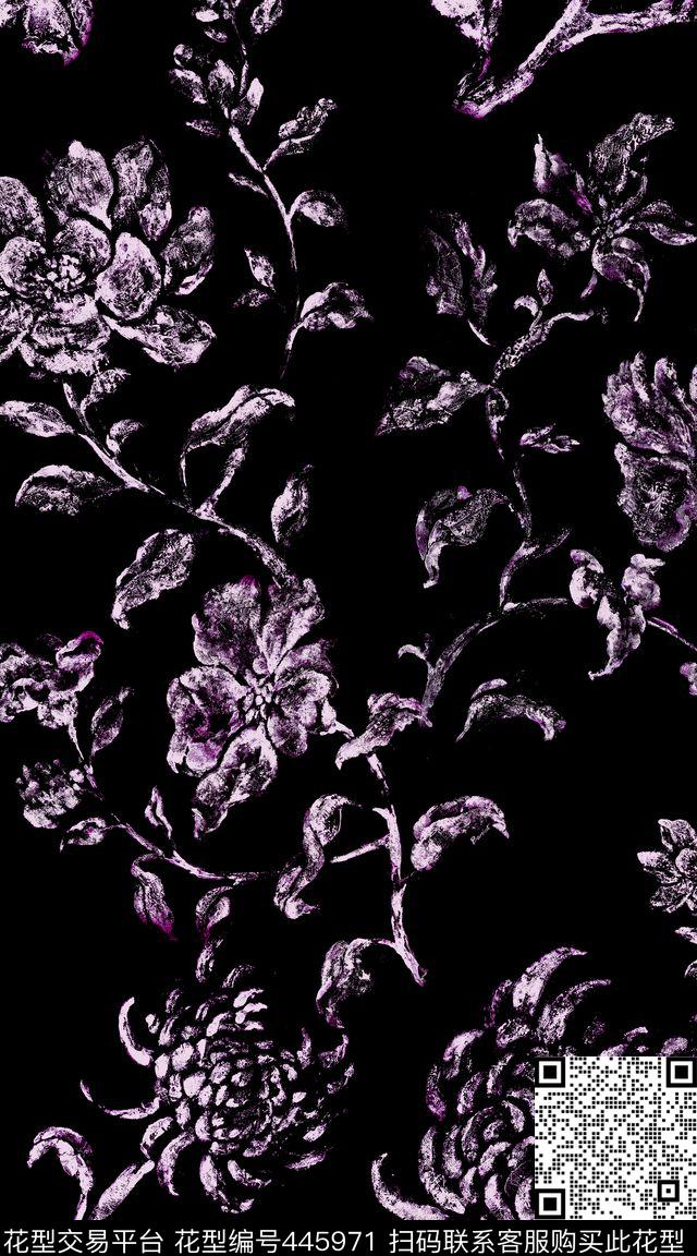 蜡染大花卉民族剪影数码印花华亿平台下载（图片编号: 445971） - 瓦栏（Walan）