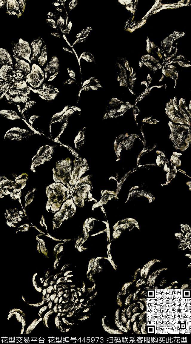 蜡染大花卉民族剪影数码印花华亿平台下载（图片编号: 445973） - 瓦栏（Walan）