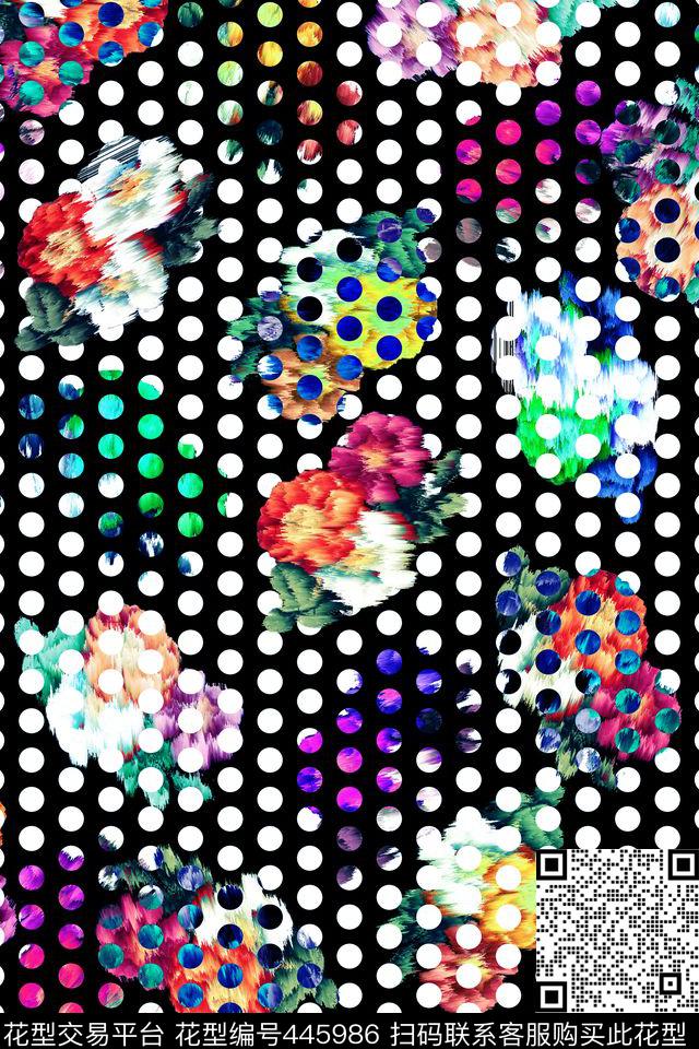 几何花波点抽象花数码印花华亿平台下载（图片编号: 445986） - 瓦栏（Walan）