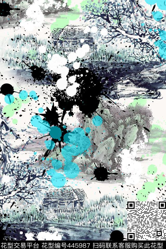 中国风水墨山水、喷溅元素、中国画喷溅叠加数码印花华亿平台下载（图片编号: 445987） - 瓦栏（Walan）