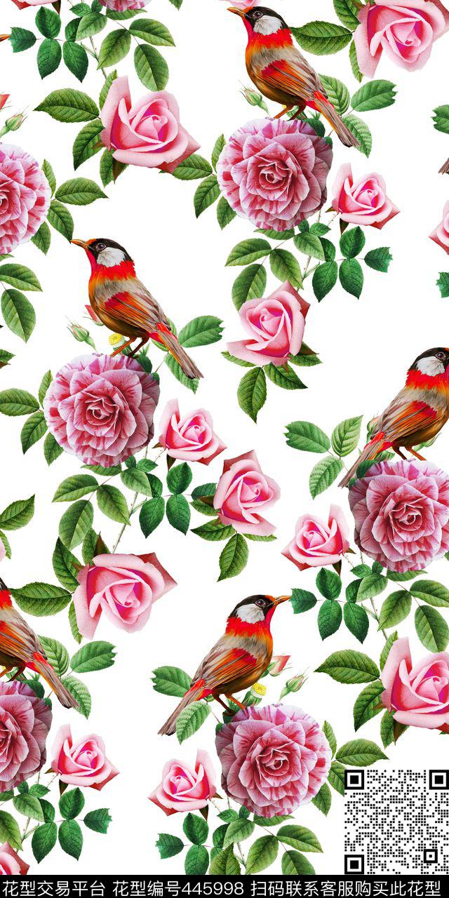 花卉动物组合清新山茶花、可爱小鸟、数码印花华亿平台下载（图片编号: 445998） - 瓦栏（Walan）