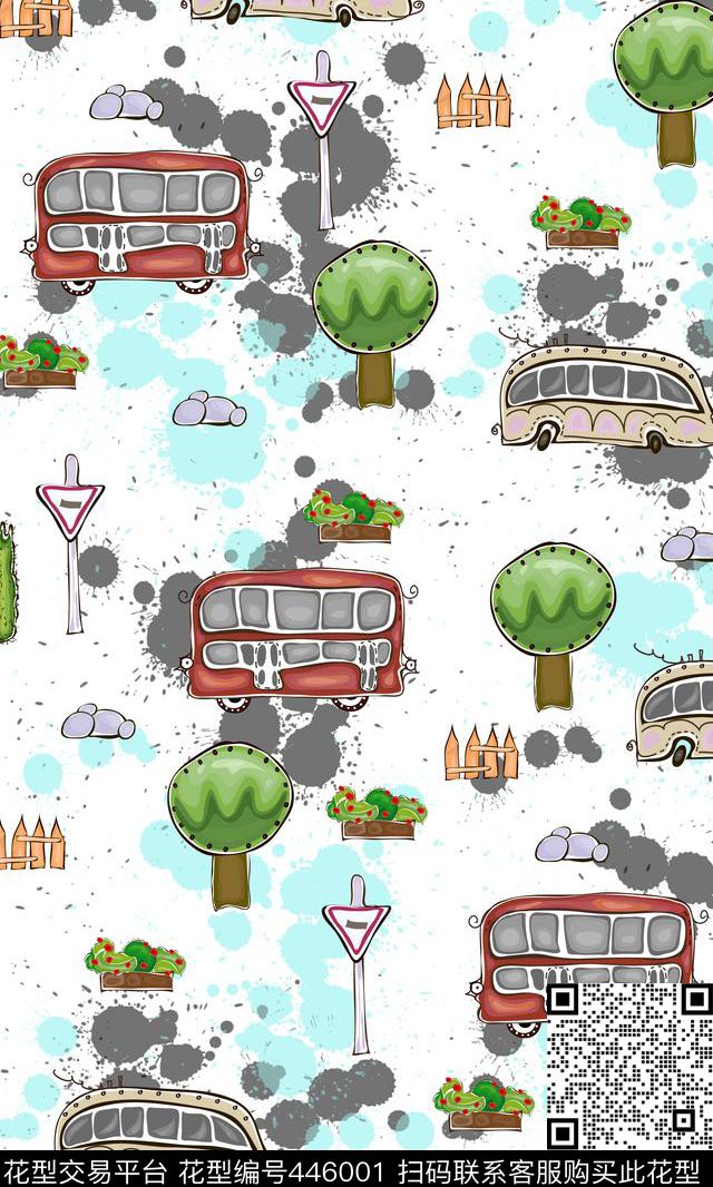 清新组合矢量公交车小树、喷溅元素数码印花华亿平台下载（图片编号: 446001） - 瓦栏（Walan）