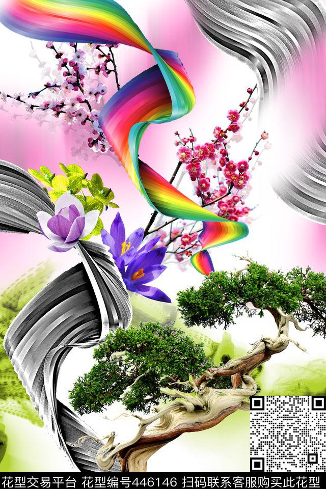 定位花卉彩带数码印花华亿平台下载（图片编号: 446146） - 瓦栏（Walan）