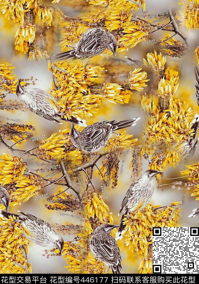 叶子花鸟数码印花华亿平台下载（图片编号: 446177） - 瓦栏（Walan）