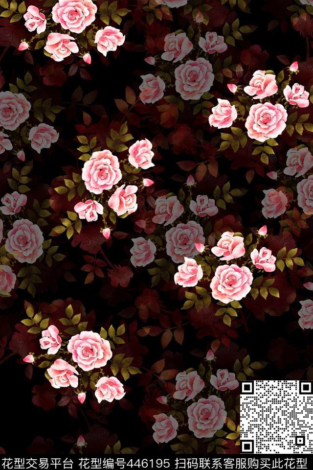 经典手绘花卉黑底传统传统印花华亿平台下载（图片编号: 446195） - 瓦栏（Walan）