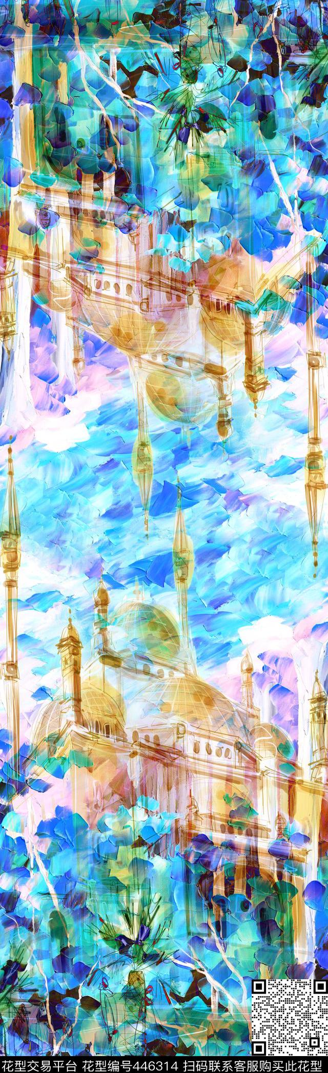 油墨画蓝色枫叶城堡数码印花华亿平台下载（图片编号: 446314） - 瓦栏（Walan）