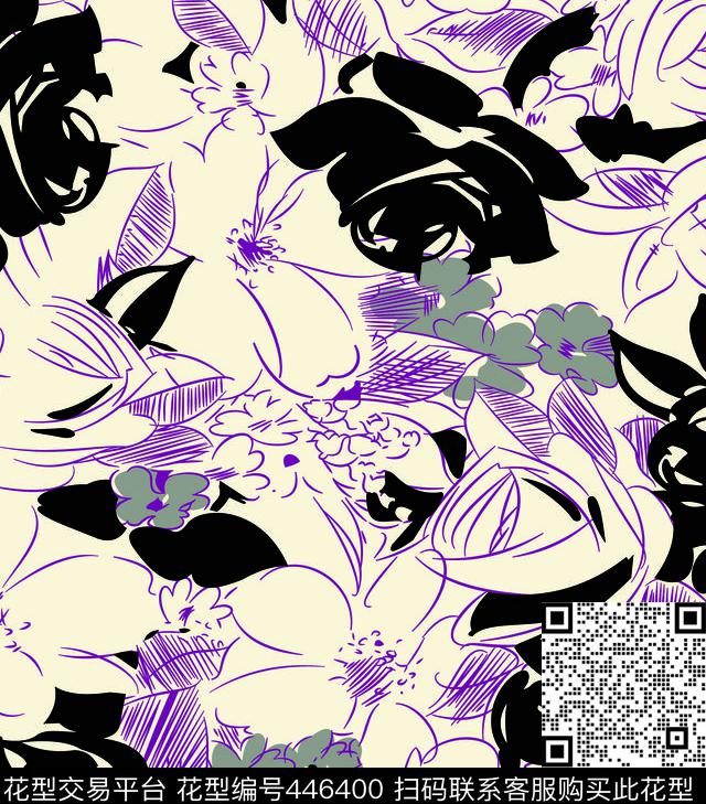 成熟灰花手绘传统印花华亿平台下载（图片编号: 446400） - 瓦栏（Walan）