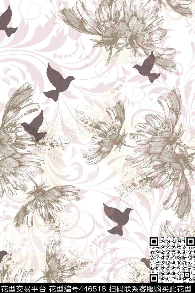 非洲菊复古鸽子传统印花华亿平台下载（图片编号: 446518） - 瓦栏（Walan）