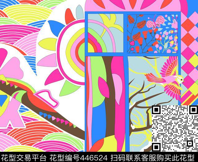 几何图案鸟拼接传统印花华亿平台下载（图片编号: 446524） - 瓦栏（Walan）