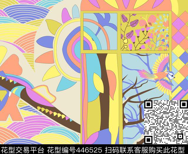 几何图案鸟拼接传统印花华亿平台下载（图片编号: 446525） - 瓦栏（Walan）