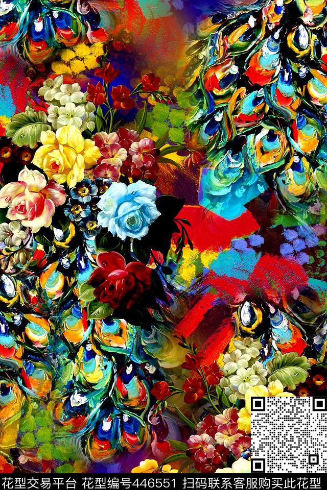 多彩羽毛油画花卉数码印花华亿平台下载（图片编号: 446551） - 瓦栏（Walan）