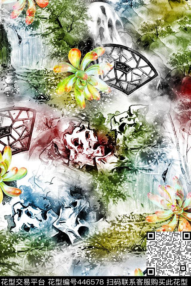 中国风水墨画花朵数码印花华亿平台下载（图片编号: 446578） - 瓦栏（Walan）