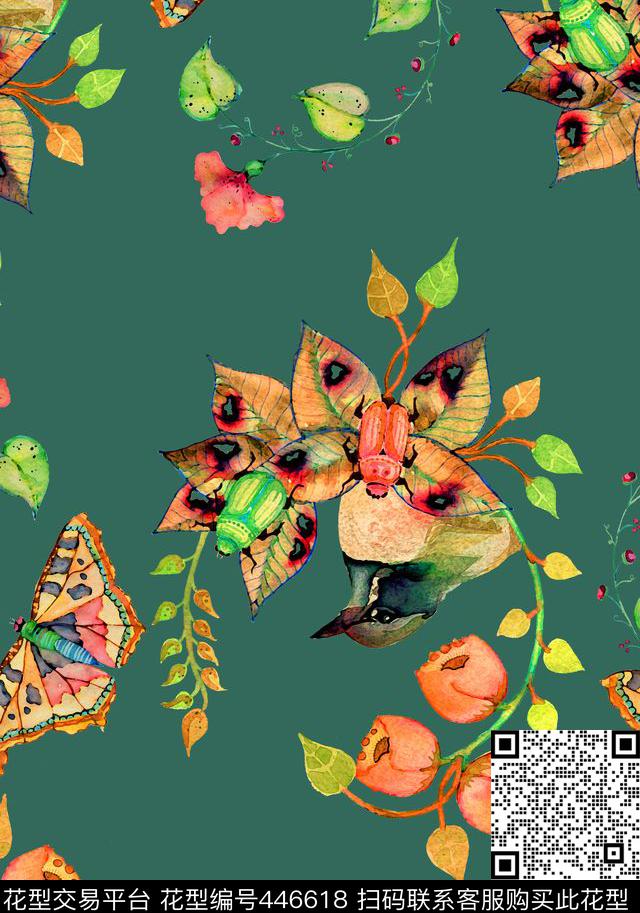 蝴蝶花鸟清新数码印花华亿平台下载（图片编号: 446618） - 瓦栏（Walan）