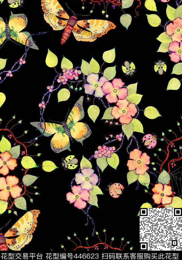 蝴蝶花草清新数码印花华亿平台下载（图片编号: 446623） - 瓦栏（Walan）