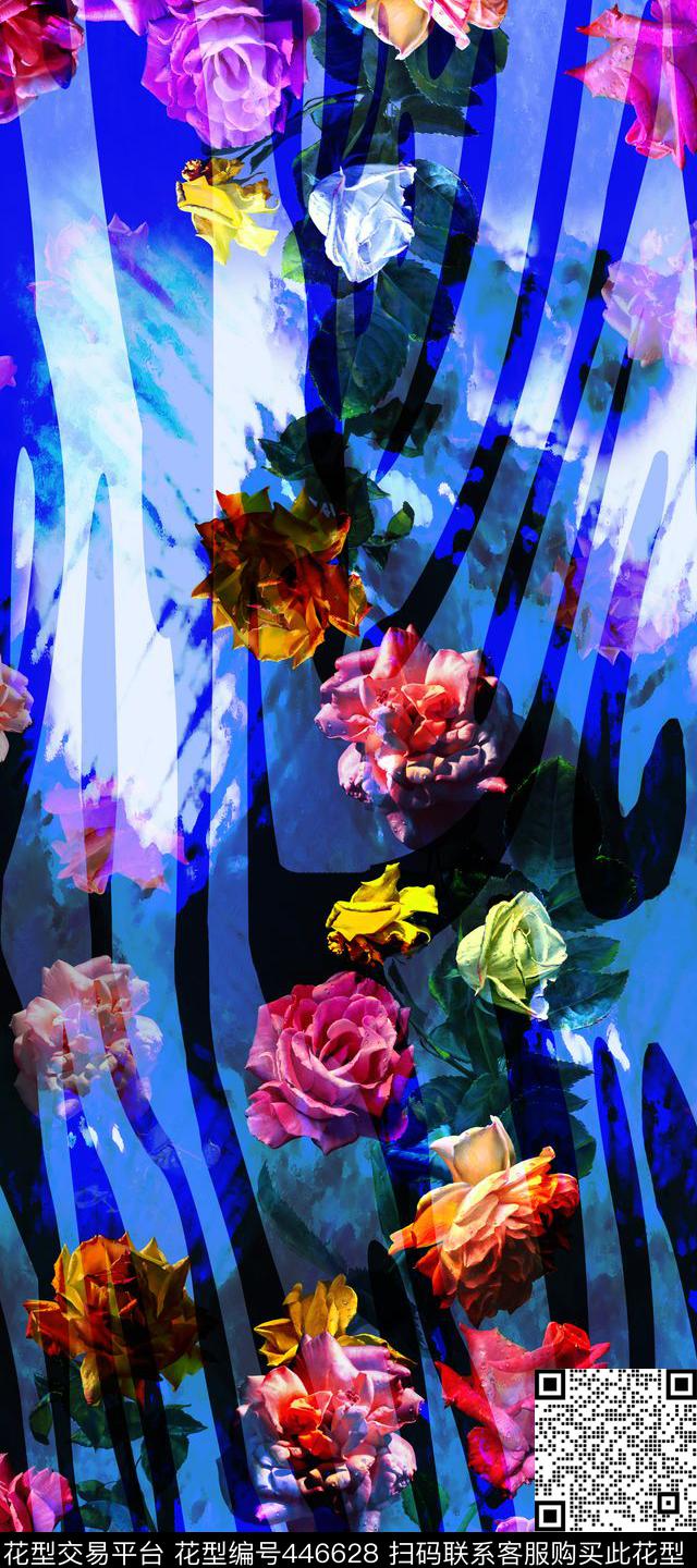 定位花卉条纹数码印花华亿平台下载（图片编号: 446628） - 瓦栏（Walan）