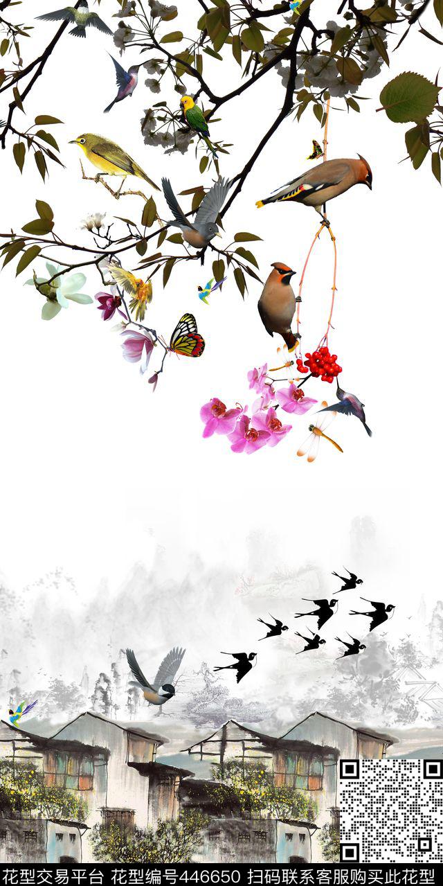 中国风水墨定位风景花鸟数码印花华亿平台下载（图片编号: 446650） - 瓦栏（Walan）