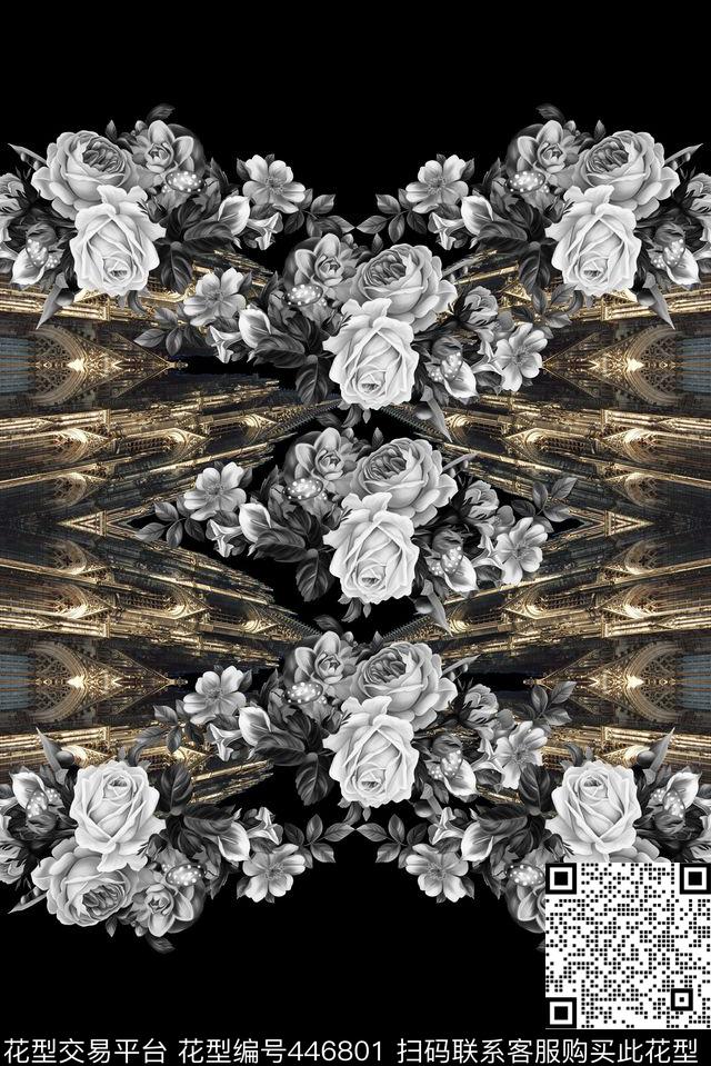 定位黑白花卉教堂数码印花华亿平台下载（图片编号: 446801） - 瓦栏（Walan）