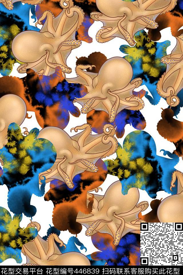 章鱼海洋动物水波纹数码印花华亿平台下载（图片编号: 446839） - 瓦栏（Walan）