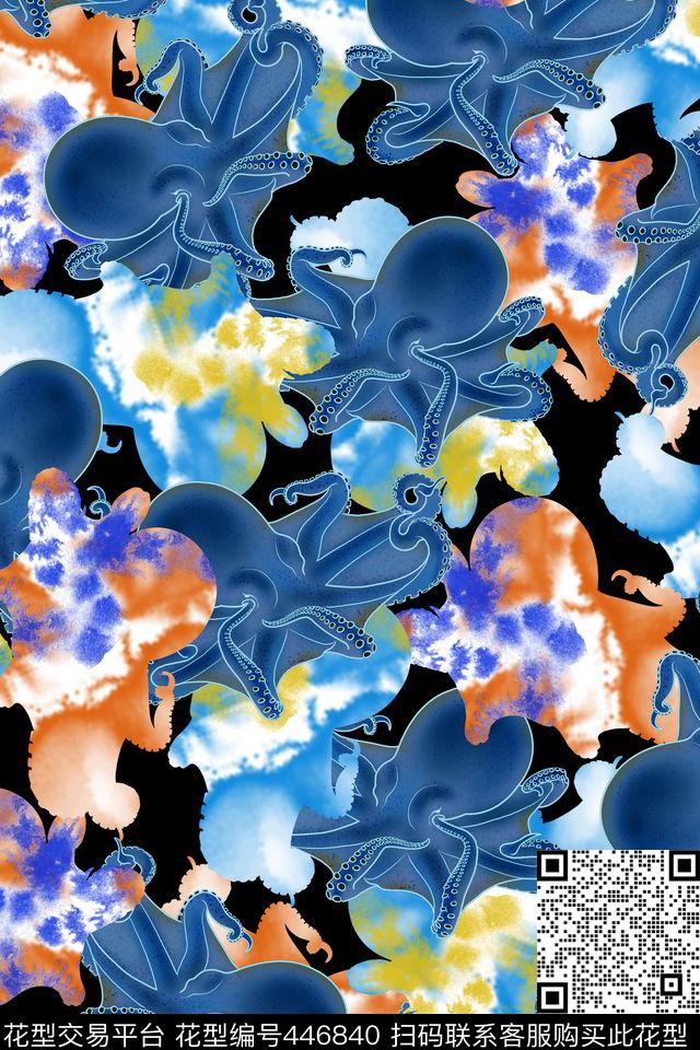 章鱼海洋动物水波纹数码印花华亿平台下载（图片编号: 446840） - 瓦栏（Walan）