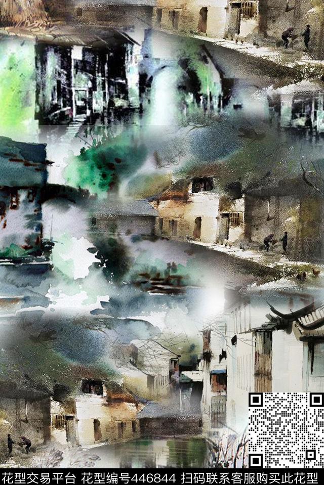 水彩水墨城镇江南数码印花华亿平台下载（图片编号: 446844） - 瓦栏（Walan）