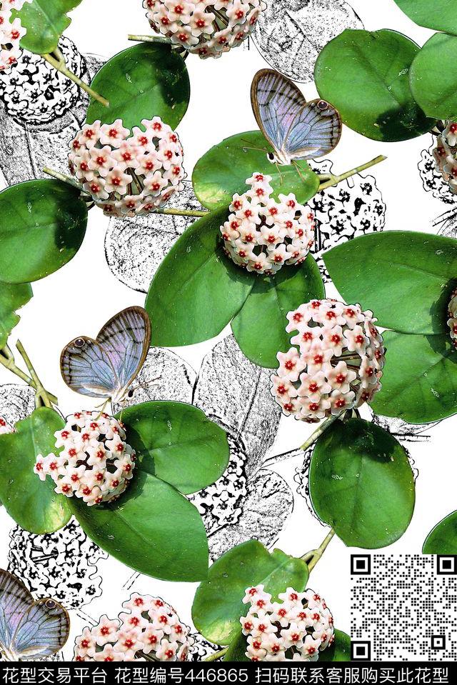 叶子绣球素描花卉年轻时尚数码印花素描花卉叶子数码印花华亿平台下载（图片编号: 446865） - 瓦栏（Walan）