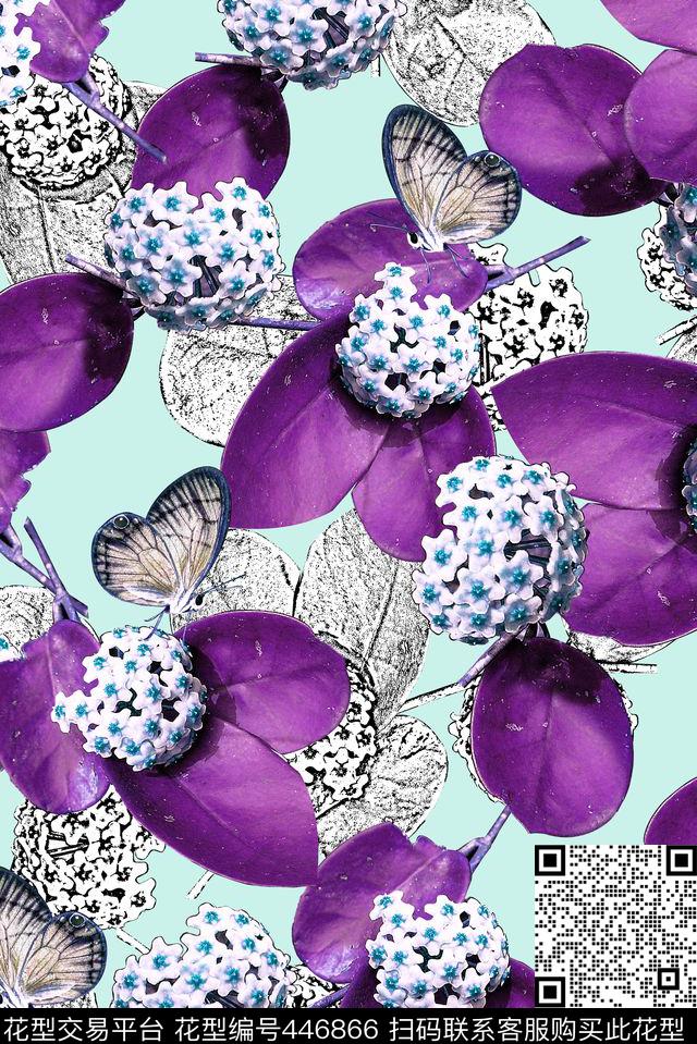 叶子绣球素描花卉年轻时尚数码印花数码印花华亿平台下载（图片编号: 446866） - 瓦栏（Walan）