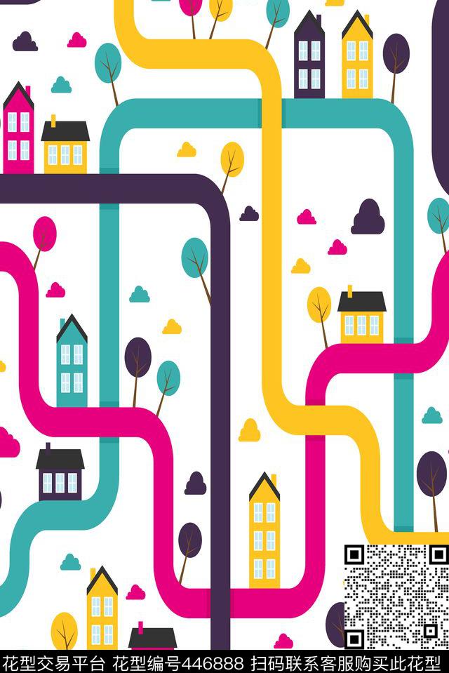 卡通线条房子传统印花华亿平台下载（图片编号: 446888） - 瓦栏（Walan）