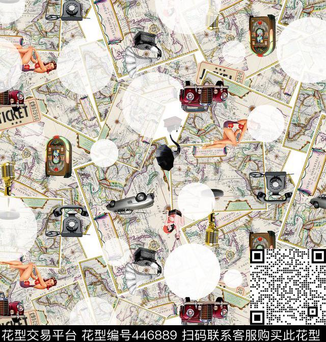 复古地图豪车流行时尚数码印花华亿平台下载（图片编号: 446889） - 瓦栏（Walan）