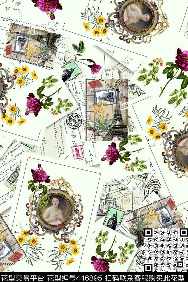 复古邮票花卉人物欧美风数码印花华亿平台下载（图片编号: 446895） - 瓦栏（Walan）