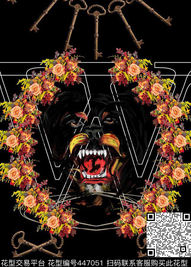 狗头钥匙花卉数码印花华亿平台下载（图片编号: 447051） - 瓦栏（Walan）