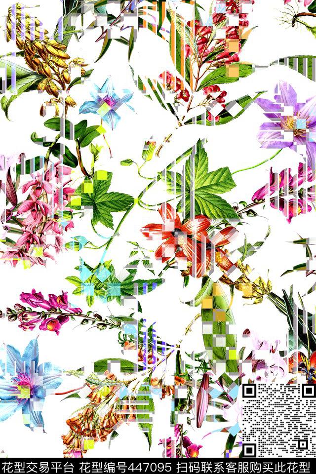 抽象几何叠加花卉数码印花华亿平台下载（图片编号: 447095） - 瓦栏（Walan）