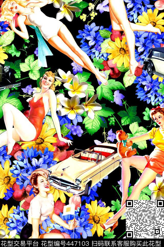 时尚老爷车美女数码印花华亿平台下载（图片编号: 447103） - 瓦栏（Walan）