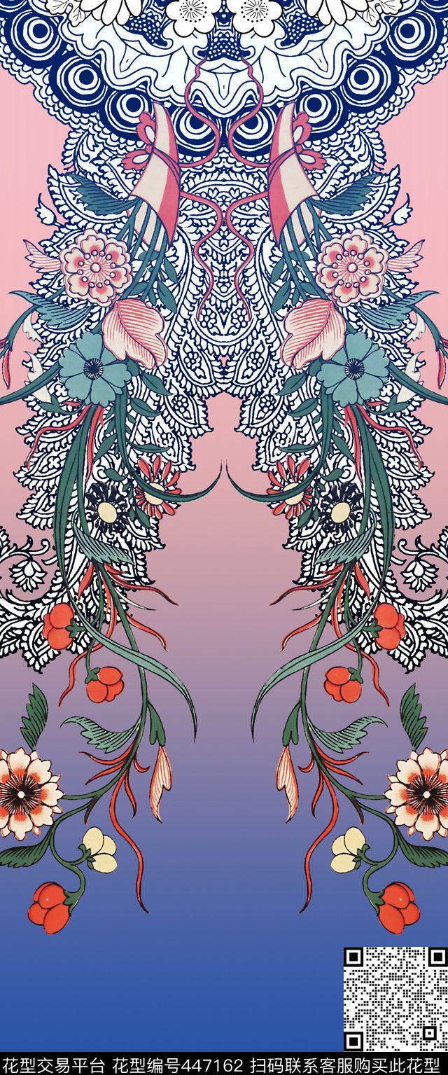 对称花卉花朵数码印花华亿平台下载（图片编号: 447162） - 瓦栏（Walan）