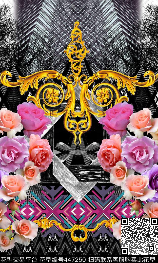 定位玫瑰花花卉几何组合印花数码印花华亿平台下载（图片编号: 447250） - 瓦栏（Walan）
