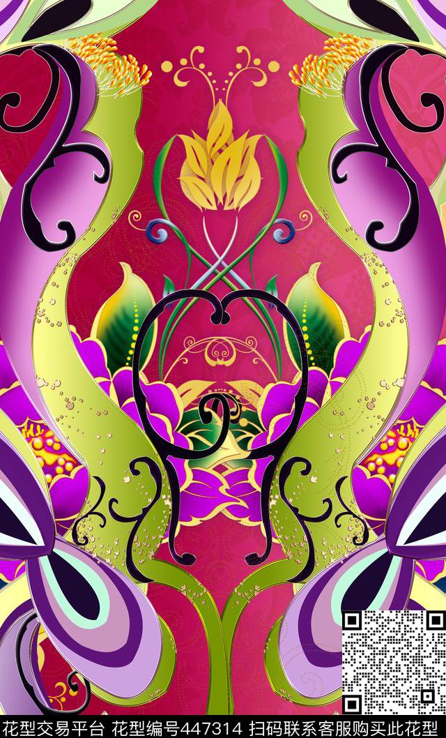 抽象花卉纯电脑手绘大牌花数码印花华亿平台下载（图片编号: 447314） - 瓦栏（Walan）