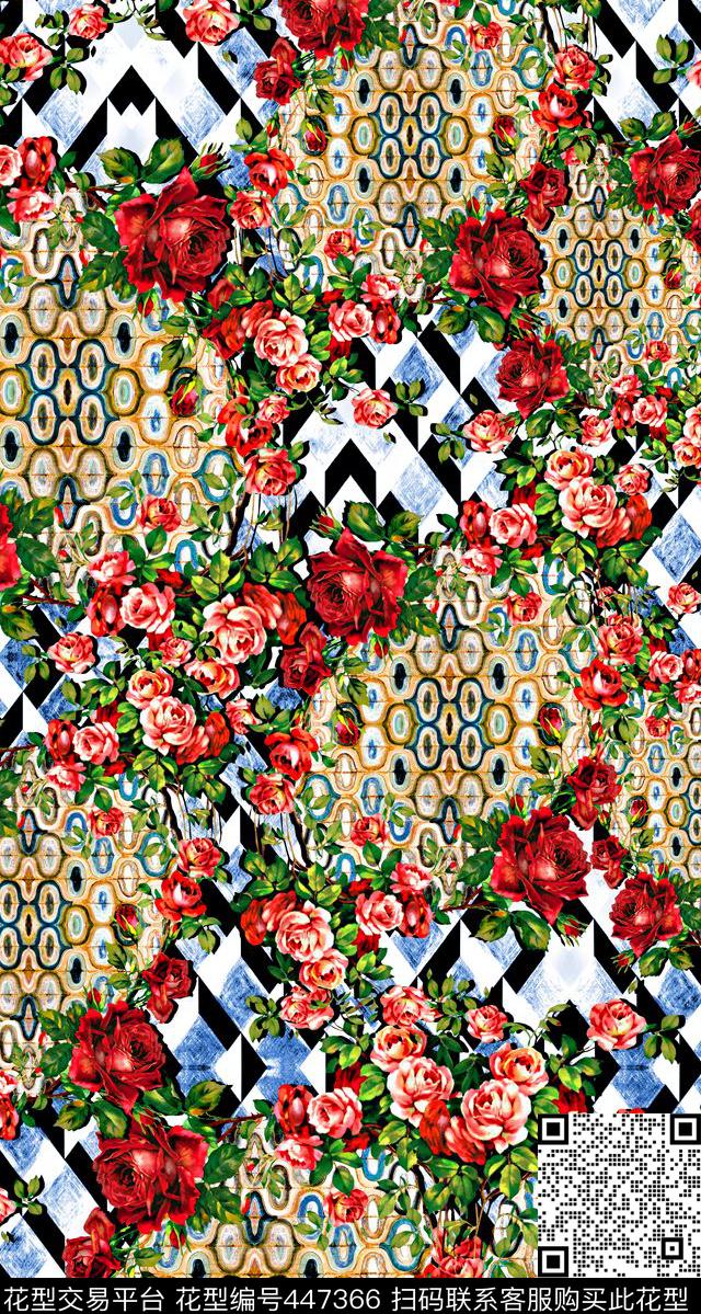 花卉组合立体格纹数码印花华亿平台下载（图片编号: 447366） - 瓦栏（Walan）