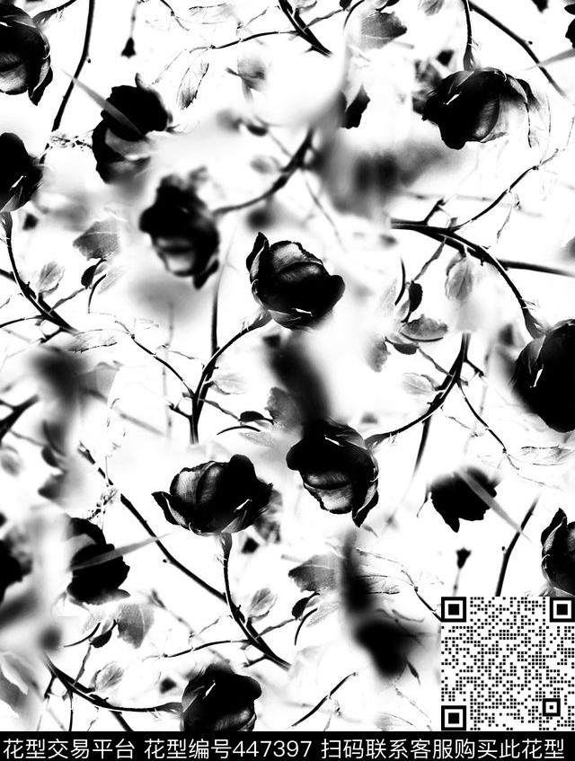 大牌抽象水墨花卉黑白年轻时尚数码印花水墨抽象数码印花华亿平台下载（图片编号: 447397） - 瓦栏（Walan）