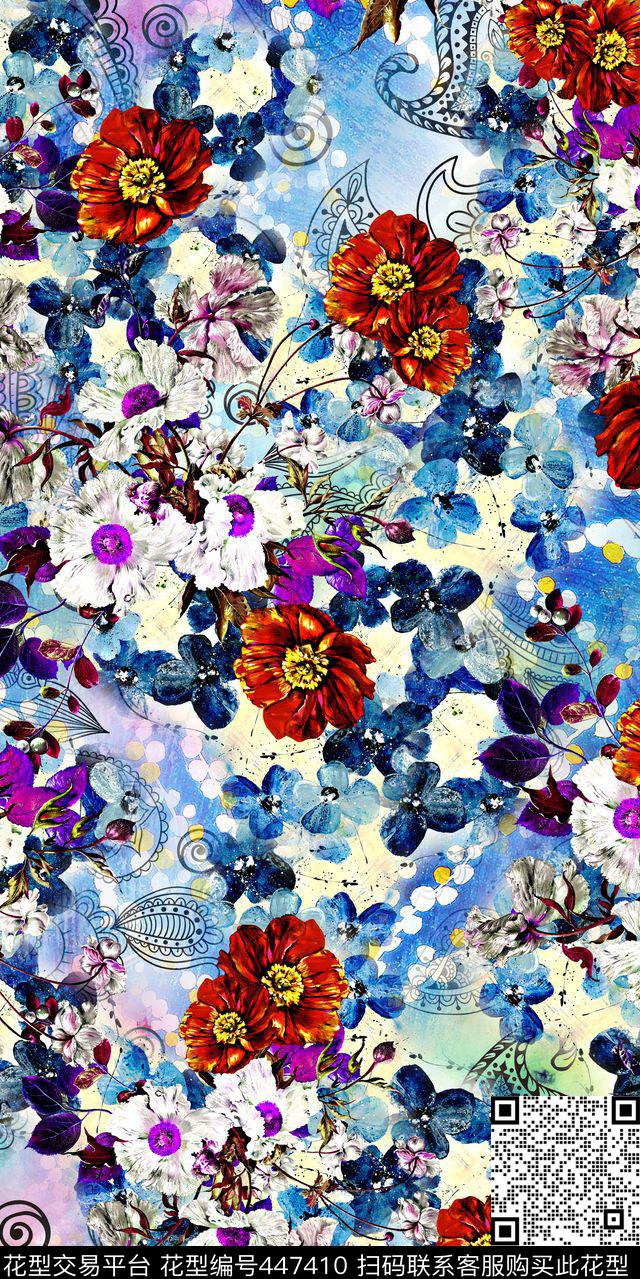 油画花卉组合肌理数码印花华亿平台下载（图片编号: 447410） - 瓦栏（Walan）