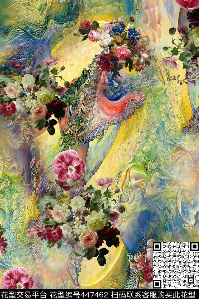 油画花卉抽象底纹丝绸华亿平台数码印花华亿平台下载（图片编号: 447462） - 瓦栏（Walan）