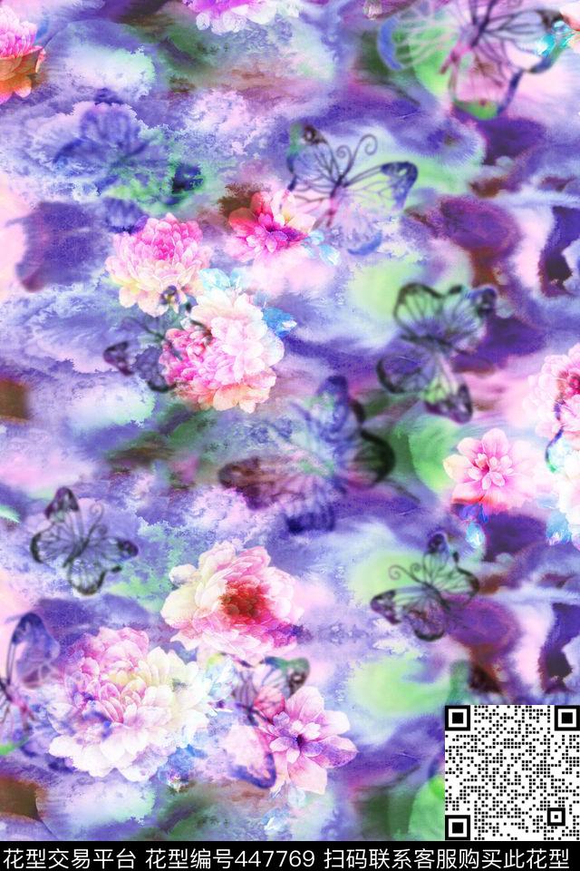 油墨画紫色蝴蝶底纹牡丹花数码印花华亿平台下载（图片编号: 447769） - 瓦栏（Walan）
