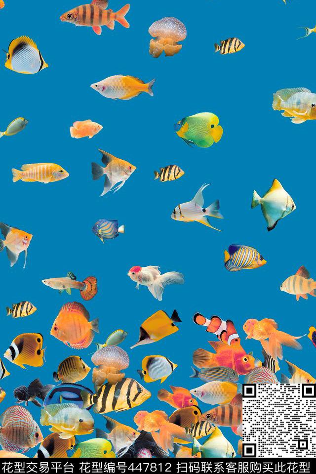春夏热带漂亮热带鱼渐变定位式满版数码印花华亿平台下载（图片编号: 447812） - 瓦栏（Walan）