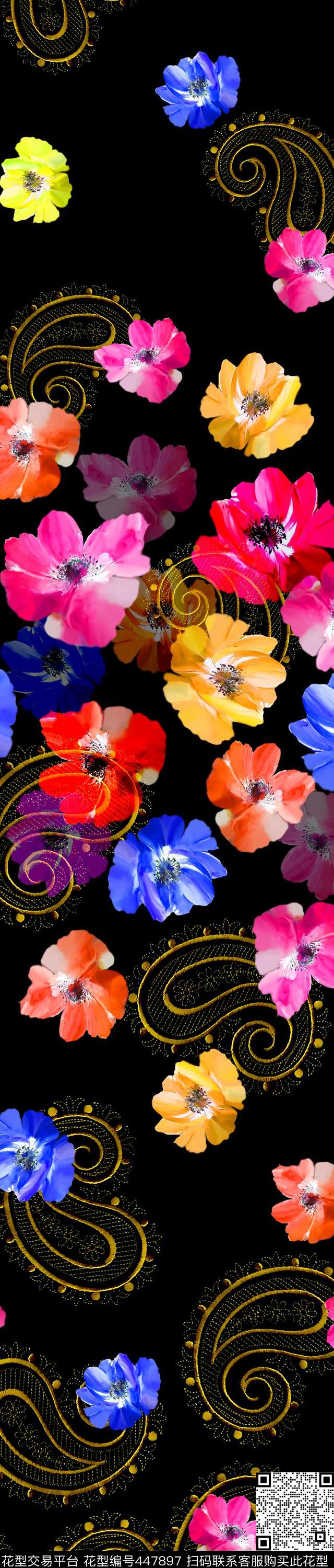 时尚流行新潮水彩花卉佩斯利丝绸真丝棉布数码印花华亿平台下载（图片编号: 447897） - 瓦栏（Walan）