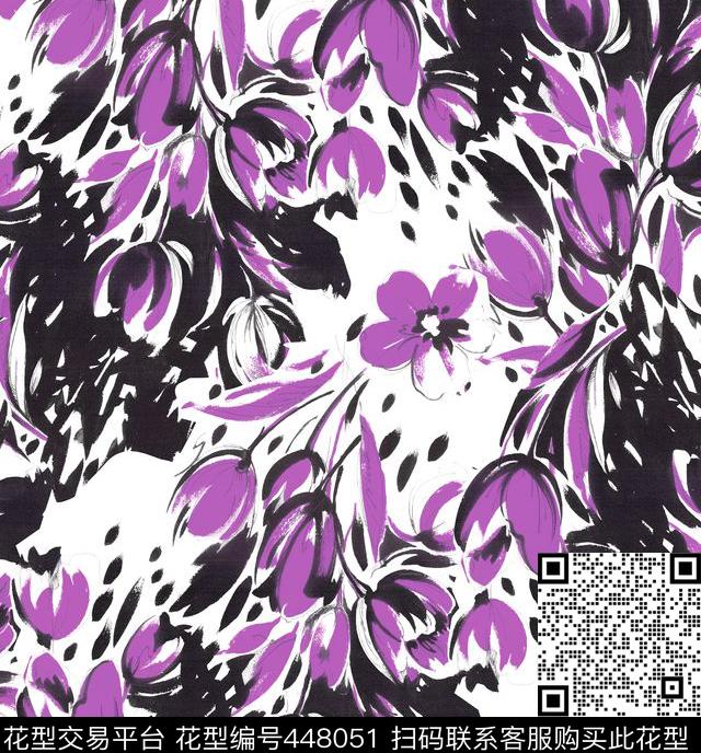 流行时尚手绘花卉抽象数码印花华亿平台下载（图片编号: 448051） - 瓦栏（Walan）